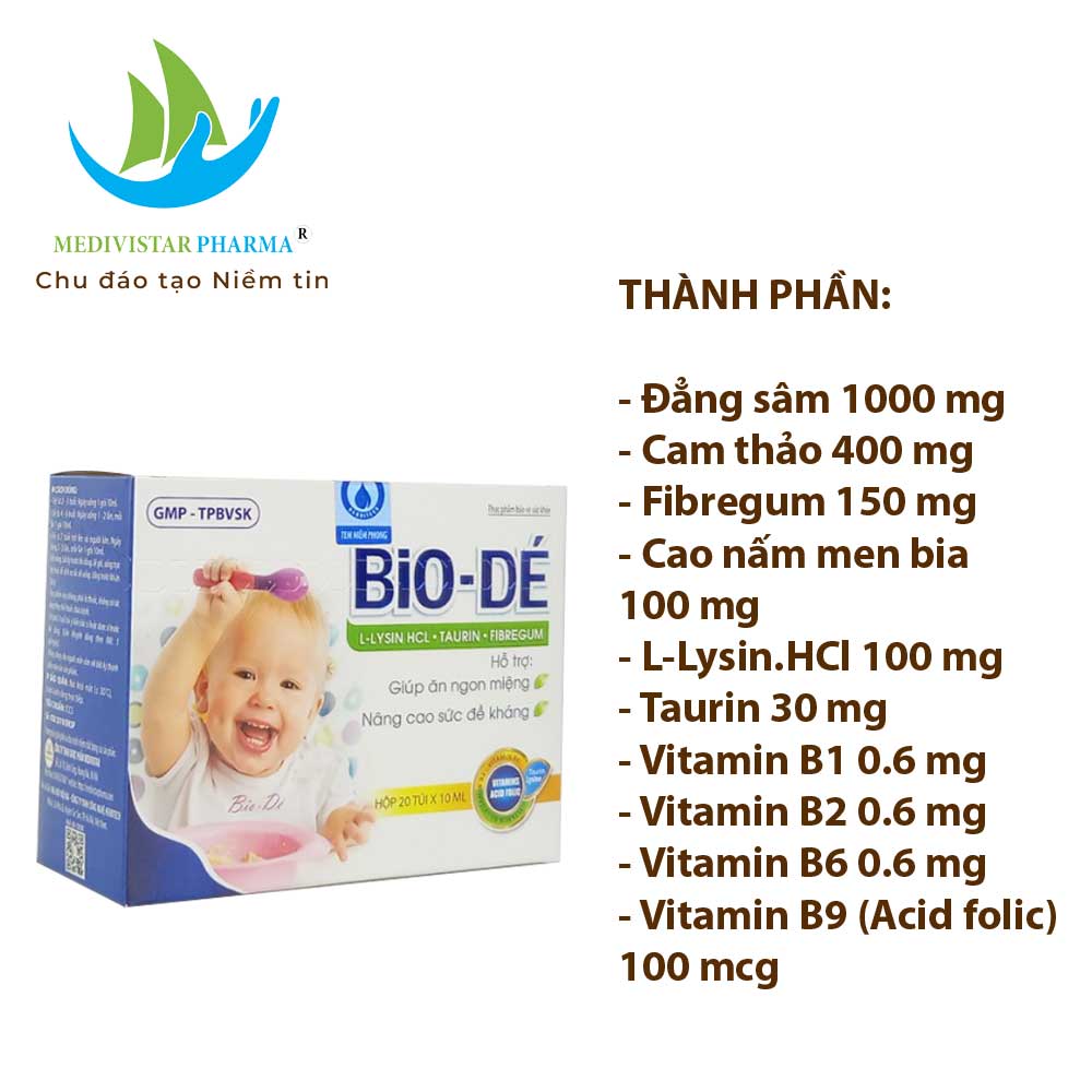 Siro Ăn Ngon, Tăng Sức Đề Kháng Cho Bé BIODÉ Hỗ Trợ Cải Thiện Biếng Ăn, Giúp Trẻ Tăng Cân, Tiêu Hóa Khỏe Hộp 20 Túi x 10ml