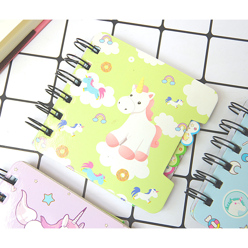 Sổ Tay Ghi Chú Gáy Lò Xo Phân Trang Giấy Nhiều Màu Hình Unicorn Kích Thước 9x10cm