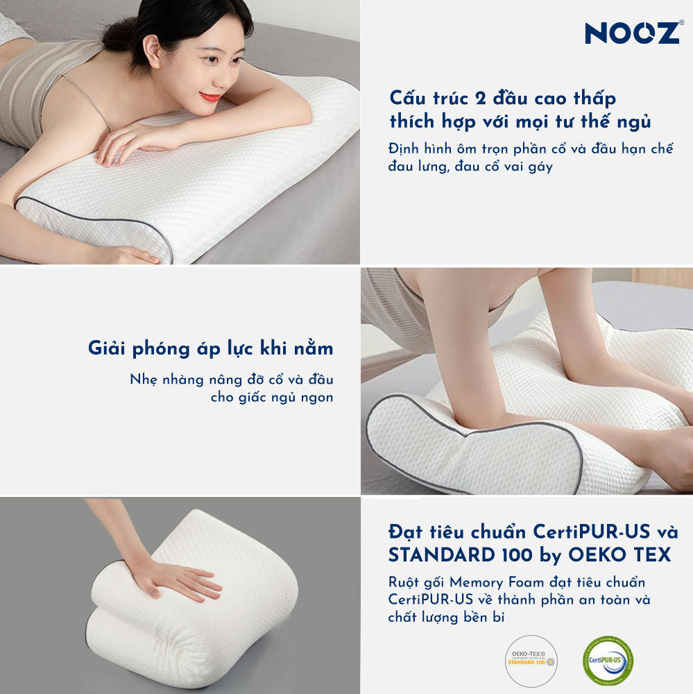 Gối ngủ Memory Foam Contour NOOZ Home Goods ruột cao su non, gối chống trào ngược người lớn nằm