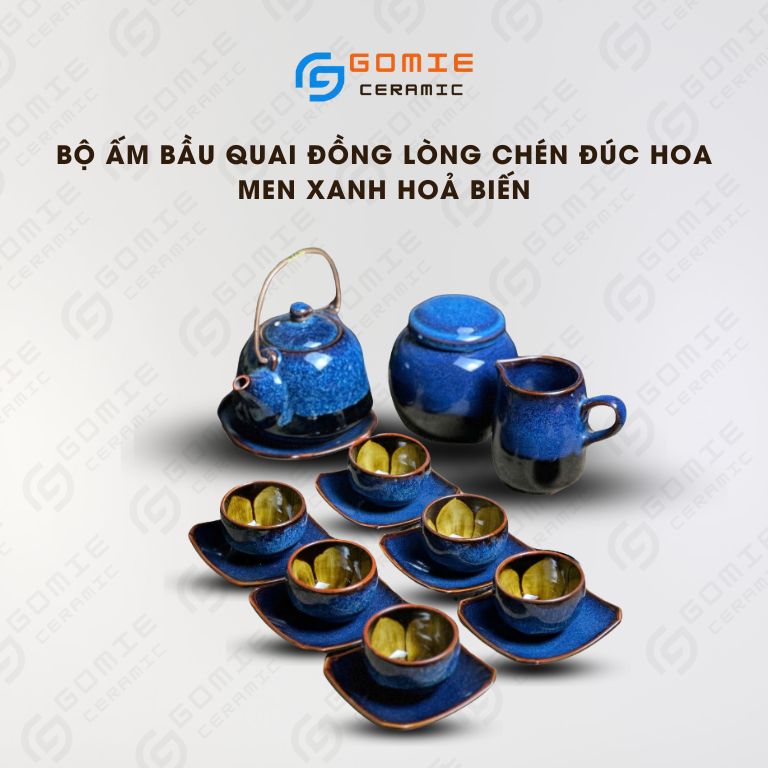 Bộ Ấm Bầu Quai Đồng Long Chén Đúc Hoa Hỏa Biến Xanh Sóng Biển đầy đủ phụ kiện