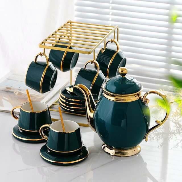 Bộ bình trà uống trà cà phê màu xanh cổ vịt viền vàng kèm Giá treo cốc, 6 thìa vàng, 6 đĩa lót tách