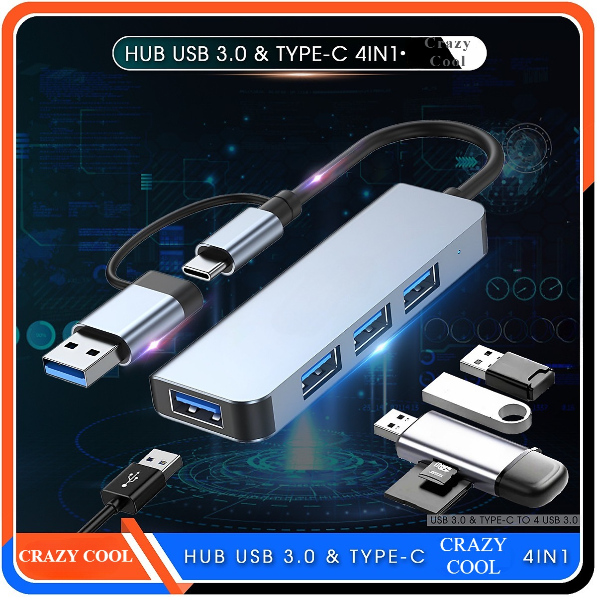 Hub Chuyển Đổi 2 Đầu Hub USB USB 3.0 Và Hub Type C Kết Hợp, Tích Hợp 2 Đầu TypeC Và USB 3.0 To 4 Cổng USB 3.0 Tốc Độ Cao, Kết Nối Đa Năng Cho Macbook, Laptop, Máy Tính, Bàn Phím, Chuột, Máy In, Điện Thoại – Hàng Chính Hãng