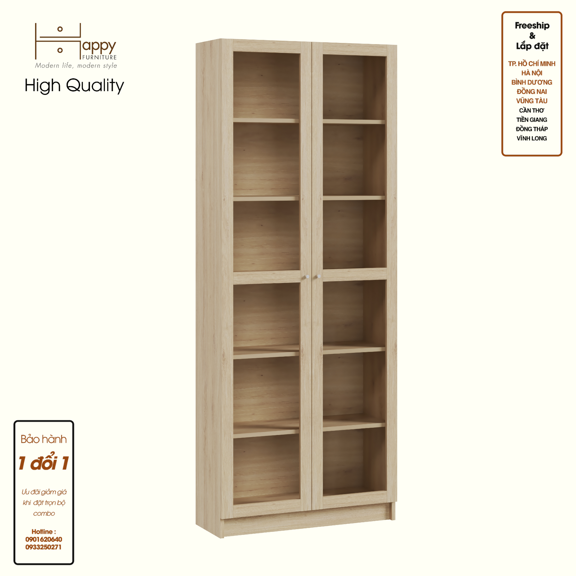 HAPPY FURNITURE , Kệ sách 6 tầng cửa kính - CATY, KSA_074 , 80cm x 30cm x 202cm DxRxC