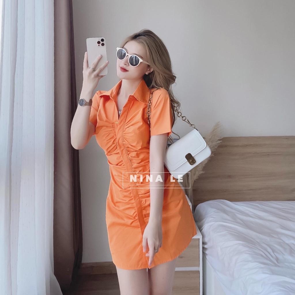 Đầm sơ mi tay ngắn phối hàng nút xếp ly màu sắc (Xanh, Trắng, Cam, Hồng) siêu xinh giúp nàng nổi bật dạo phố, đi biển