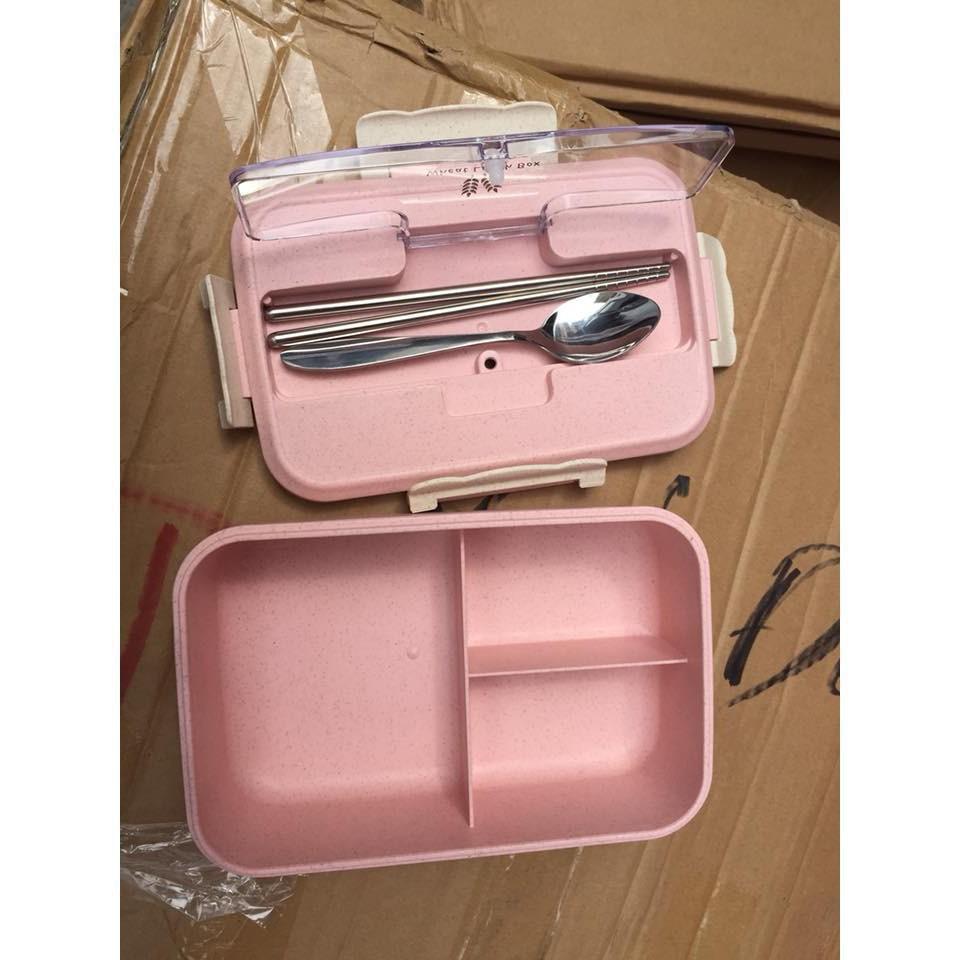 Hộp Đựng Cơm Văn Phòng, Hộp Đựng Cơm 3 ngăn lúa mạch kèm đũa thìa inox - Dùng được trong lò vi sóng -GD268