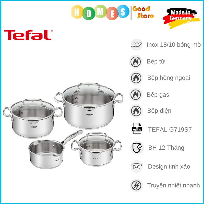 Bộ Nồi 4 Sets TEFAL G719S7 Có Vạch Chia, Gồm 7 Chi Tiết Nhập Khẩu Đức, Chất Liệu Thép Không Gỉ, Dùng Cho Mọi Loại Bếp, Bền Gấp 6 Lần Chảo Thường - Hàng Nhập Khẩu