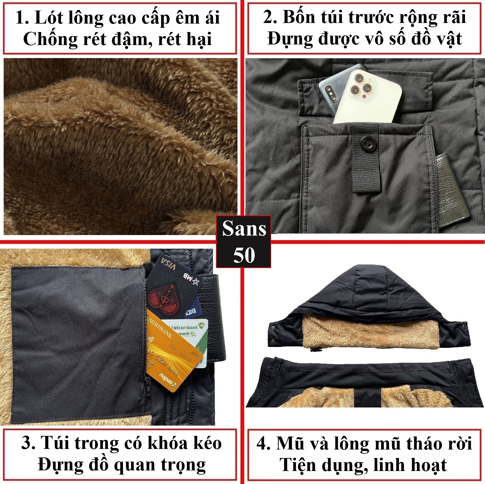 Áo khoác nam lót lông Sans50 big size 150kg 140kg 130kg 120kg bigsize 110kg 100kg 90kg 80kg đại hàn dày dặn mũ tháo rời