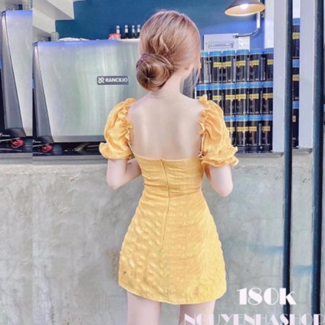 Đầm đũi nhăn tay phồng đính nút có mút ngực xinh lung linh