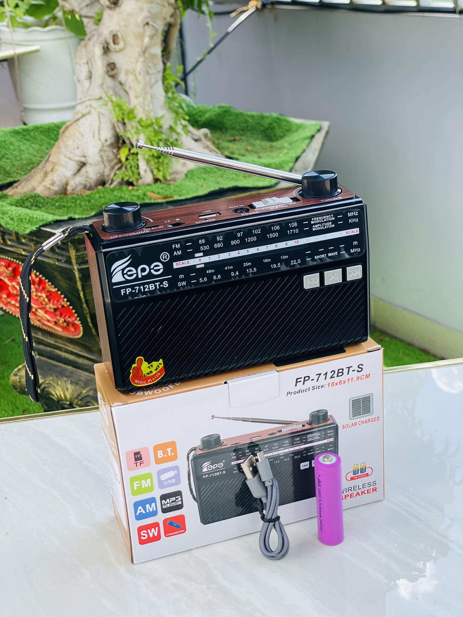 Đài radio FP712BT cổ điển vintage dùng pin sạc có năng lượng mặt trời quà tặng ông bà cha mẹ ý nghĩa hàng nhập khẩu