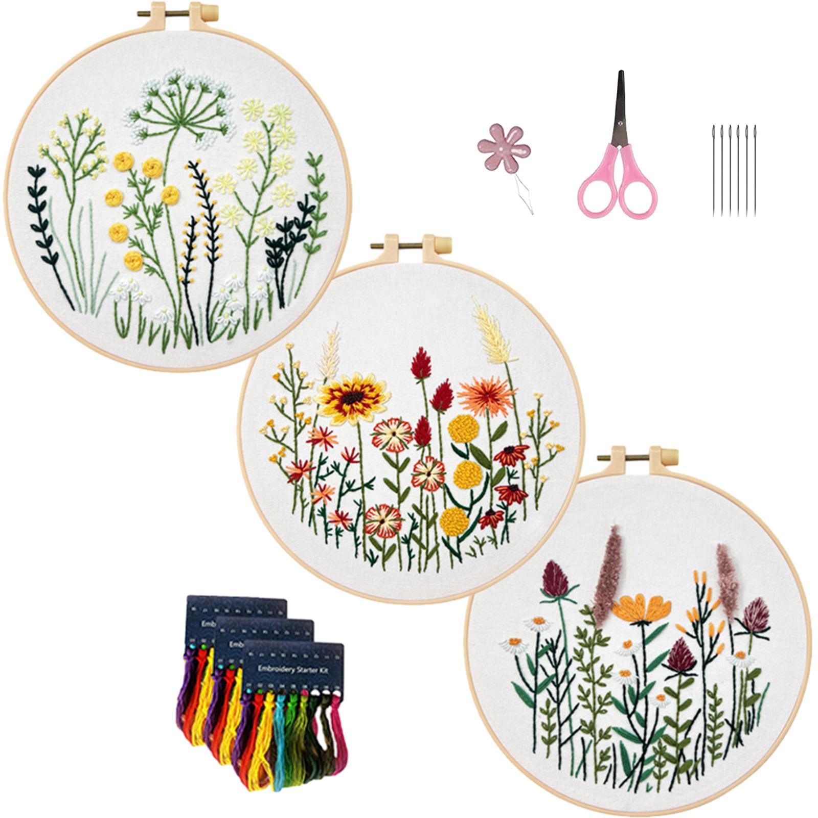 3Pcs Embroidery Set Cross Stitch Handmade Sewing Accessories Starter Tools Plants Pattern for Adults Handcraft Enthusiast