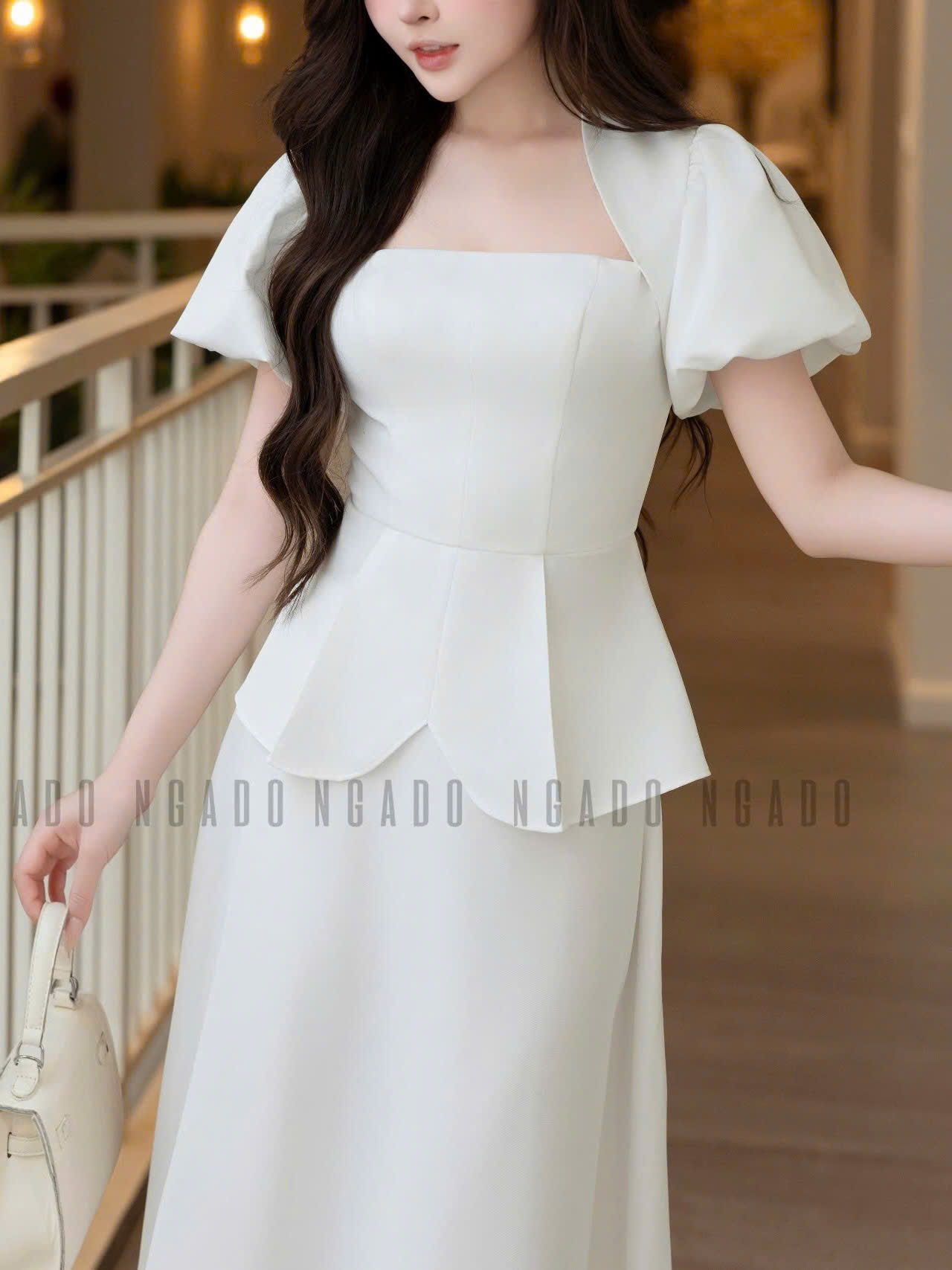 Set áo váy trắng tay phồng NGADO , set áo váy dài , set áo váy công sở , dự tiệc