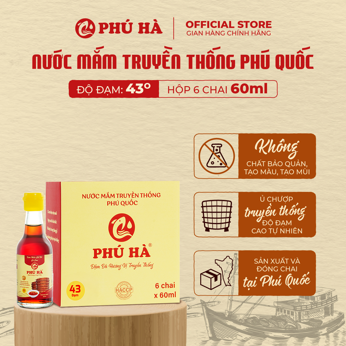 Nước mắm truyền thống Phú Quốc Phú Hà 43 độ đạm - Hộp 6 chai 60ml