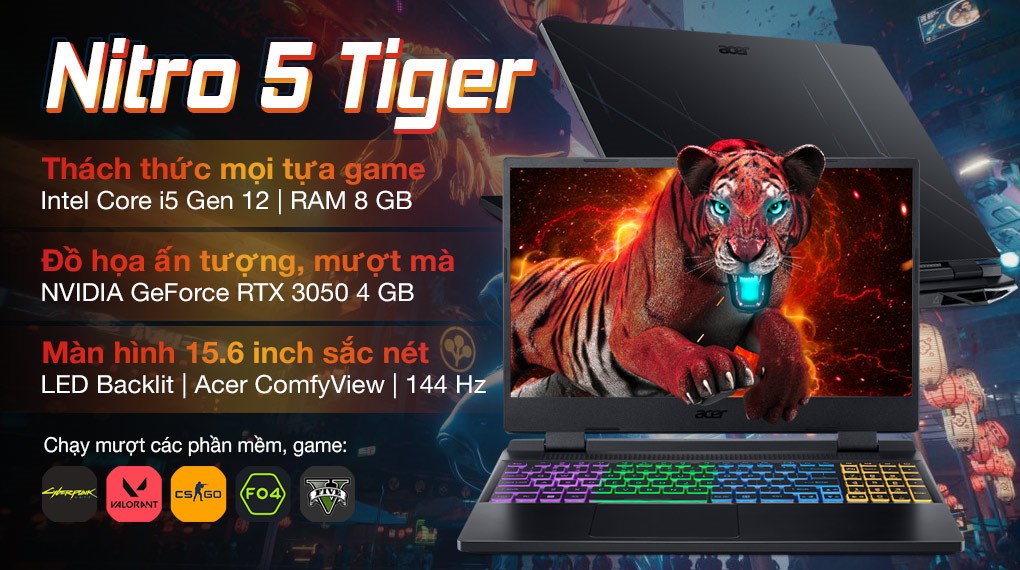 Hình ảnh Laptop Gaming Acer Nitro 5 Tiger AN515-58-52SP  i5-12500H/RAM 8GB/512GB SSD/3050 4GB Hàng Chính Hãng