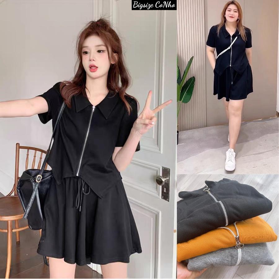 Đồ bộ bigsize nữ gồm áo thun quần đùi BIGSIZE CÔ NHỎ cổ bẻ khóa kéo tà nhọn hai bên - SET18 - Màu Xám