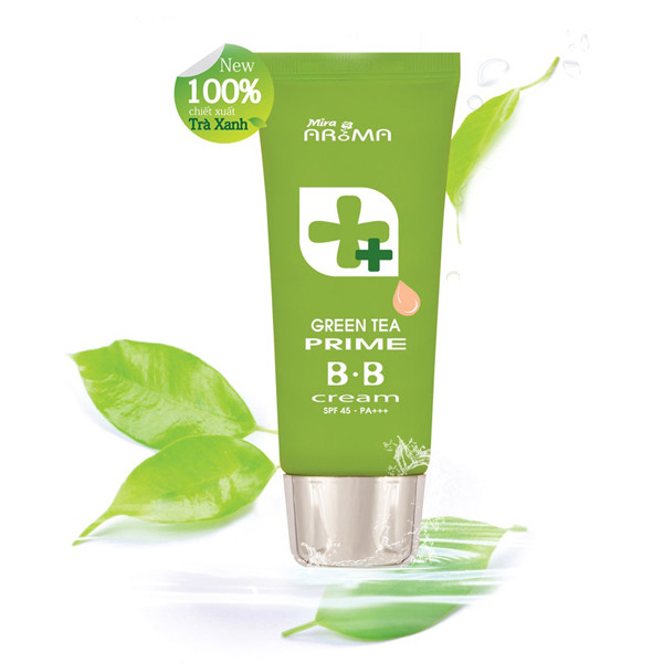 Kem Nền BB Hàn Quốc Cao Cấp Tinh Chất Trà Xanh Mira Aroma Prime Grren Tea (30ml) + Tặng Cọ Tán Kem Nền, Phấn Phủ Chuyên Dụng Thế Hệ Mới Aroma – Hàng Chính Hãng