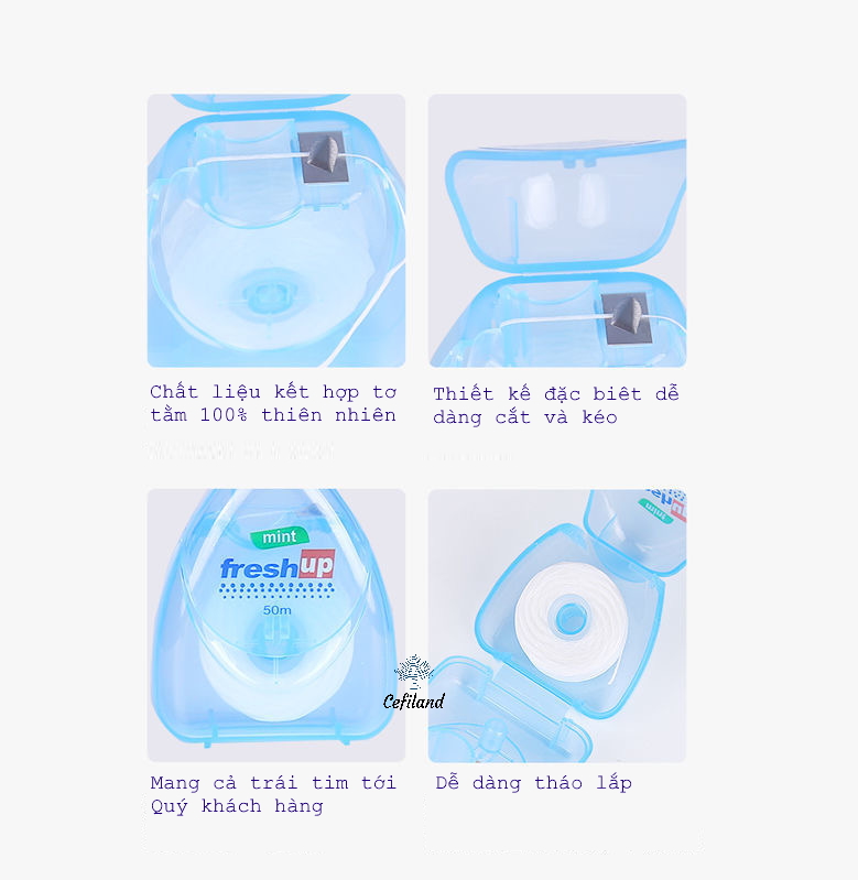 CHỈ NHA KHOA VỆ SINH RĂNG MIỆNG CEFILAND FRESH UP. Model: OralB 010. Chất liệu tơ tằm thiên nhiên, aon toàn bảo vệ nứu.