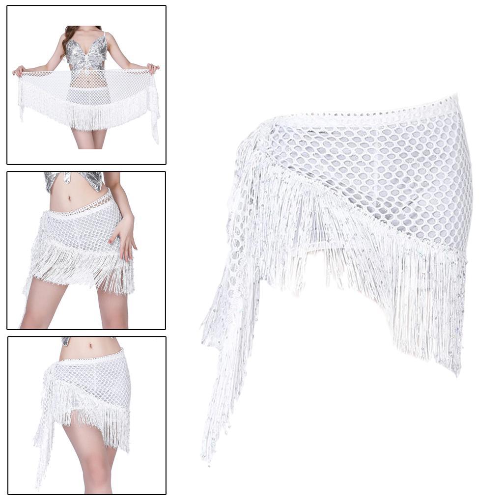 Sequins Belly Dance Hip  Tassel Mesh  Dancewear White