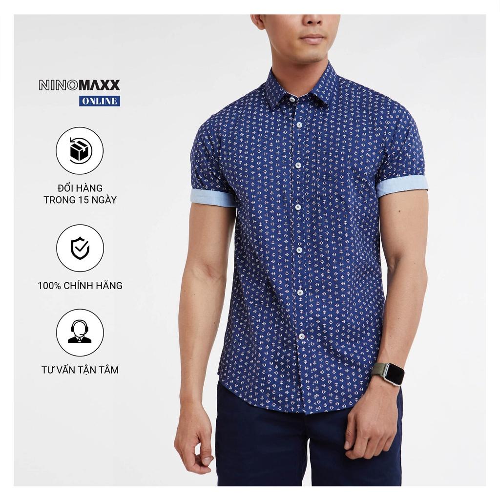Áo Sơ Mi Nam Ninomaxx tay ngắn màu xanh dương có hoa văn 100% cotton mã 2001006