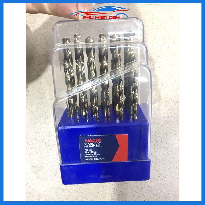 Hộp 19 mũi khoan inox Nachi Singapore đường kính 1mm-10mm