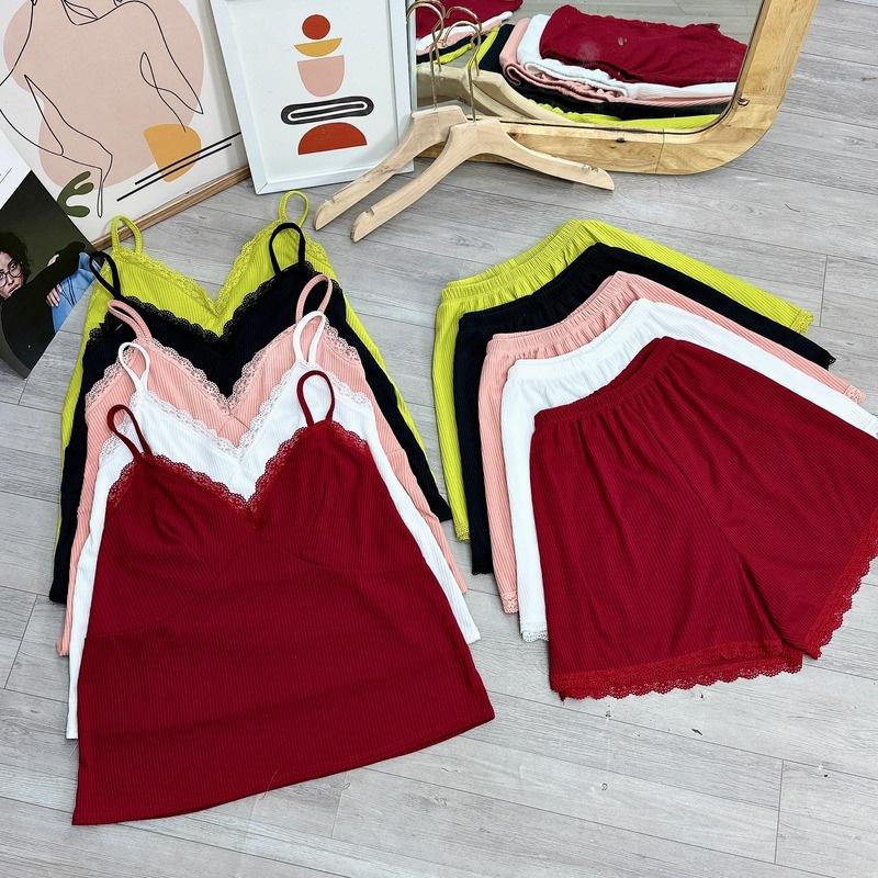 Set đồ bigsize áo dây viền ren kèm quần đùi ren chất gân tăm co giãn BIGSIZE CÔ NHỎ, Quần short áo thun - G124
