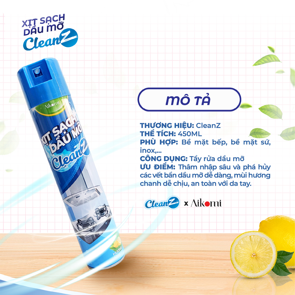 Bình xịt tẩy dầu mỡ nhà bếp CleanZ 450ml đánh bay vết bẩn cứng đầu trên xoong nồi,tường gạch, lưới máy hút mùi