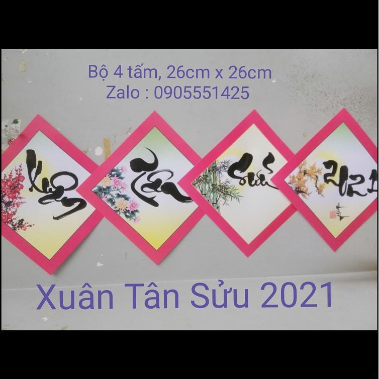 Bộ 4 tấm giấy dán trang trí tết.Quà tặng câu đối tết, Quà tặng , quà biếu tết.Thư pháp dán kính trang trí tết