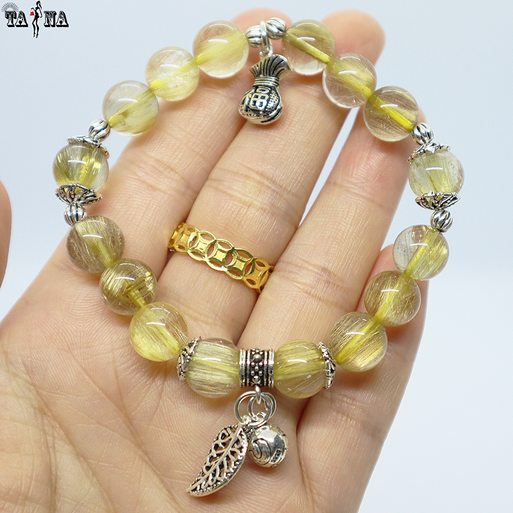 Vòng đá thạch anh tóc vàng 9mm 6A VIP charm bạc 925 cao cấp