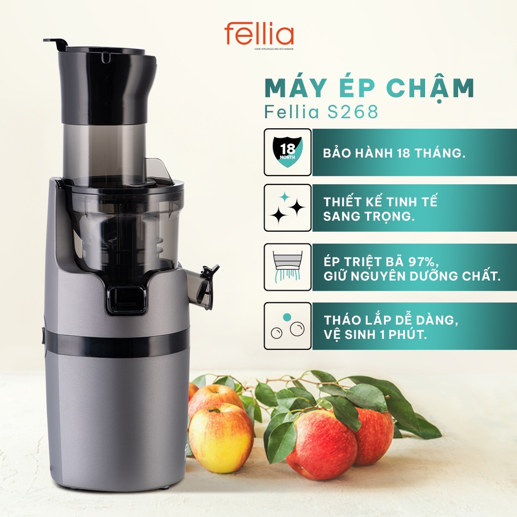 COMBO Máy ép chậm Fellia S268+Ấm Siêu Tốc Fellia (Màu Grey) Hàng Chính Hãng