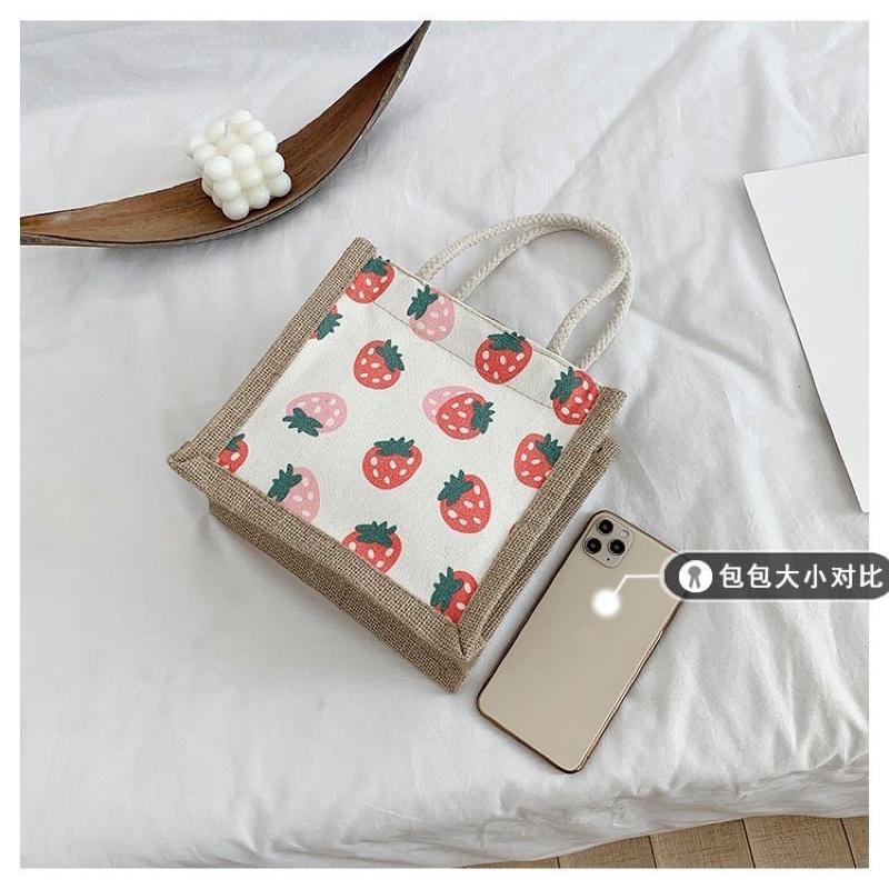 Túi xách cói mini hoạ tiết đáng yêu có khoá kéo Style Hàn Quốc - Túi tote vải canvas thích hợp đi chơi, cafe, du lịch