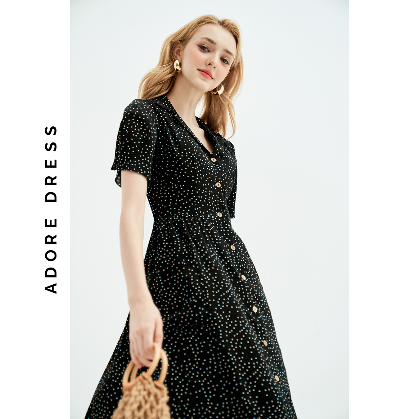 Đầm Midi dresses casual style lụa chấm bi đen khuy dừa 311DR2039  ADORE DRESS