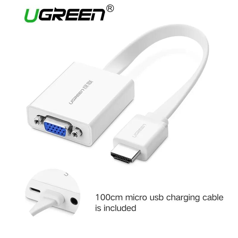 Ugreen UG40247MM103TK Màu Trắng Bộ chuyển HDMI sang VGA dây dẹp kèm cổng âm thanh - HÀNG CHÍNH HÃNG