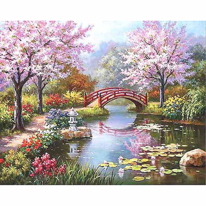 Tranh sơn dầu số hoá tự vẽ - Cầu hoa - có khung 40x50 cm