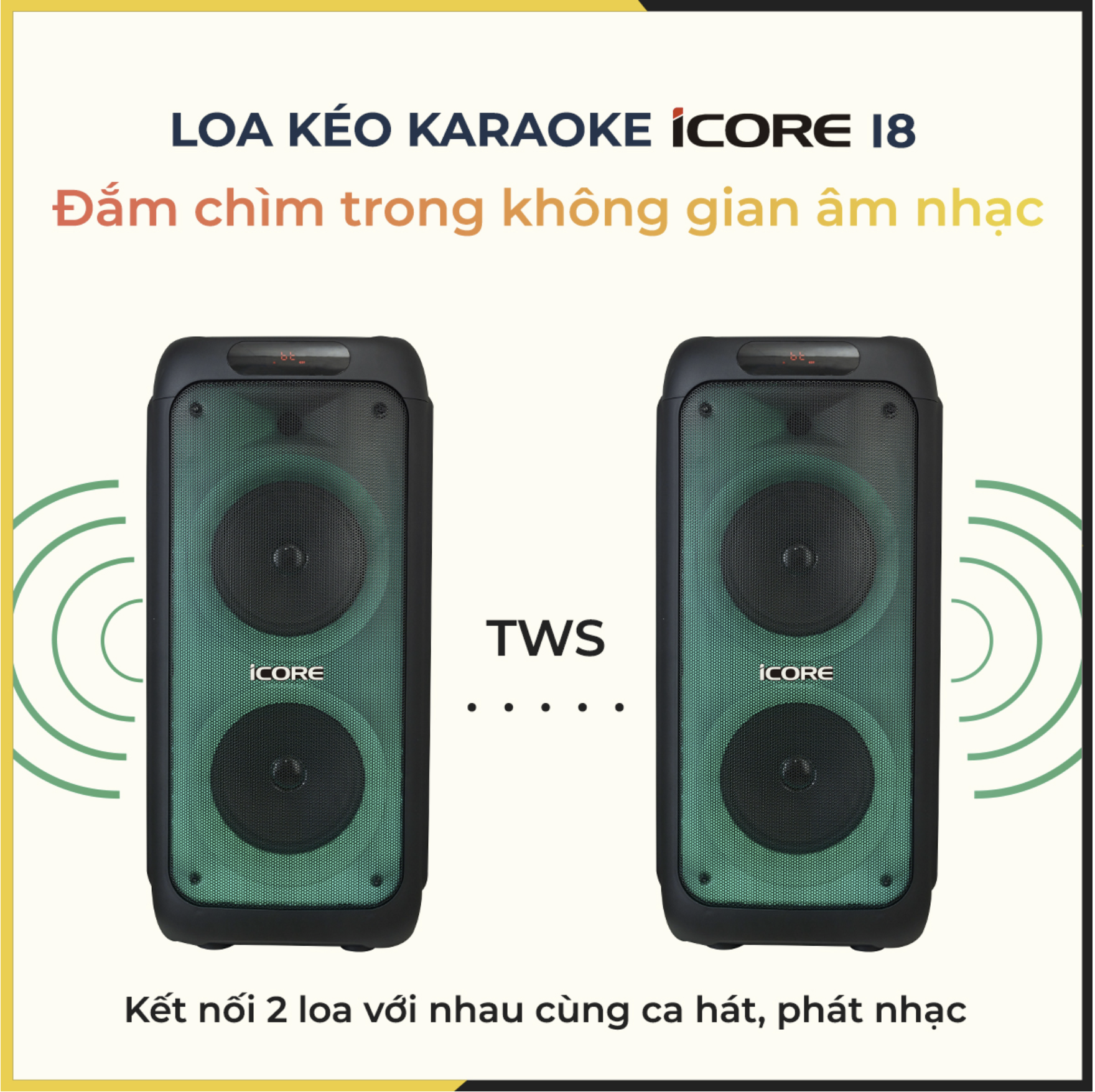 Loa du lịch iCore i8 - Loa karaoke bluetooth xách tay - Loa bass đôi - Kèm 2 micro UHF cao cấp - Hàng Chính Hãng