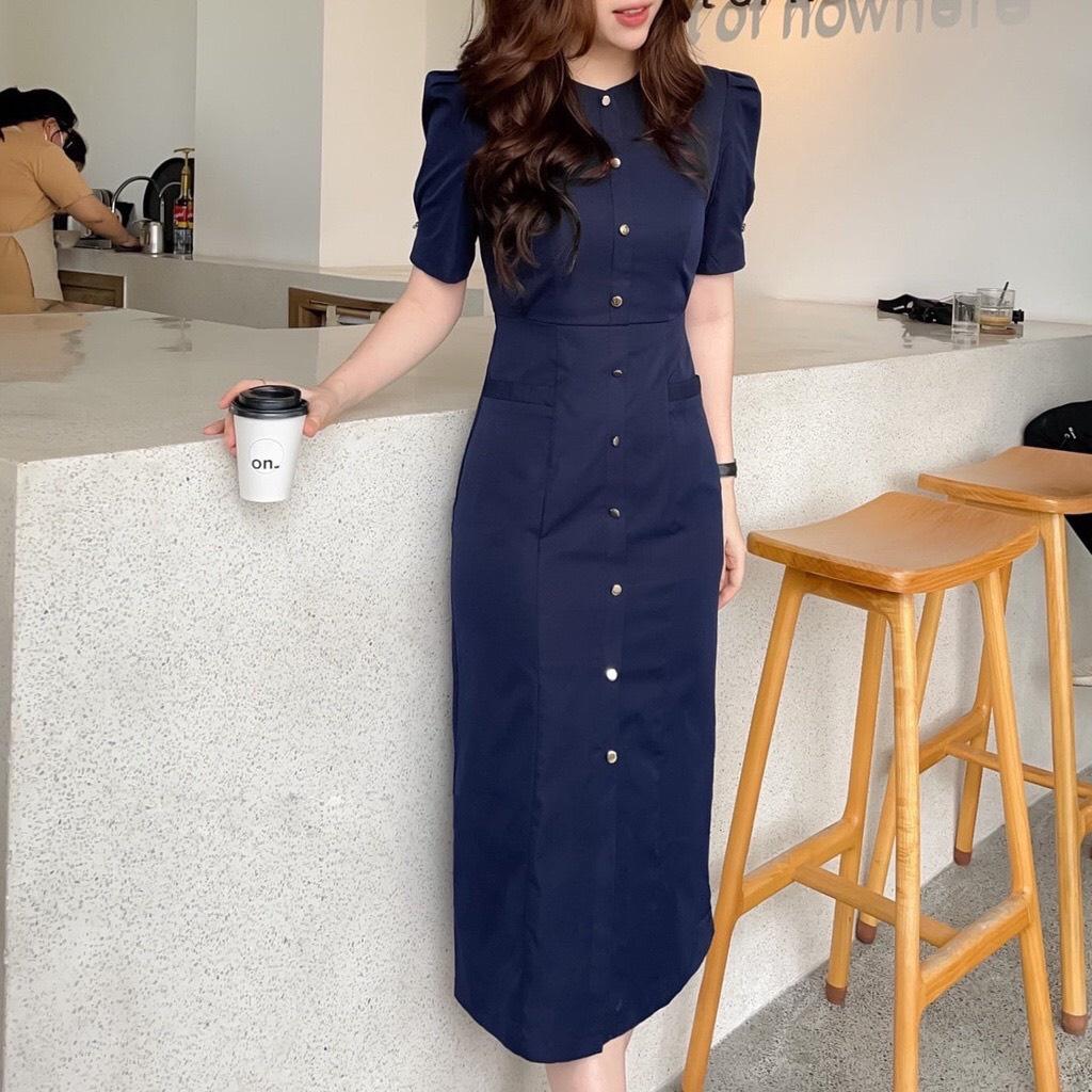 Đầm midi nữ dáng dài đính nút thời trang thanh lịch