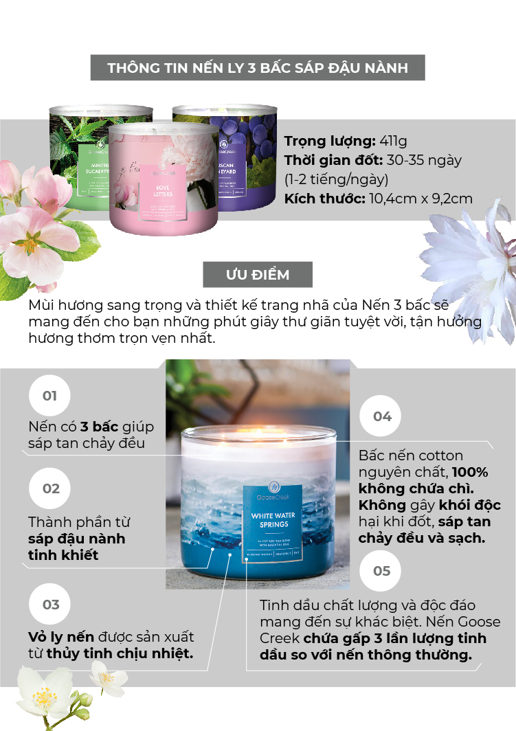 Nến ly 3 bấc sáp đậu nành Goose Creek (411g) - Soothing Coconut