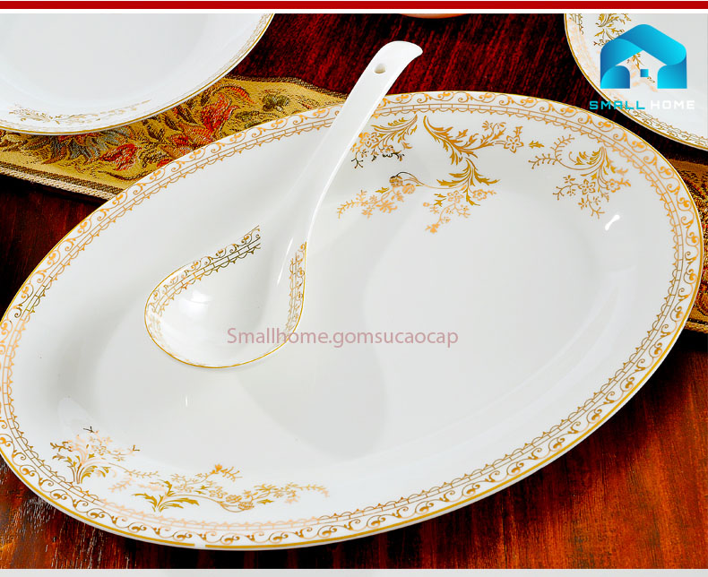 Bộ đồ ăn Thiên Kiều 56 món sứ xương cao cấp, họa tiết viền vàng sang trọng, phong cách hoàng gia Trung Âu