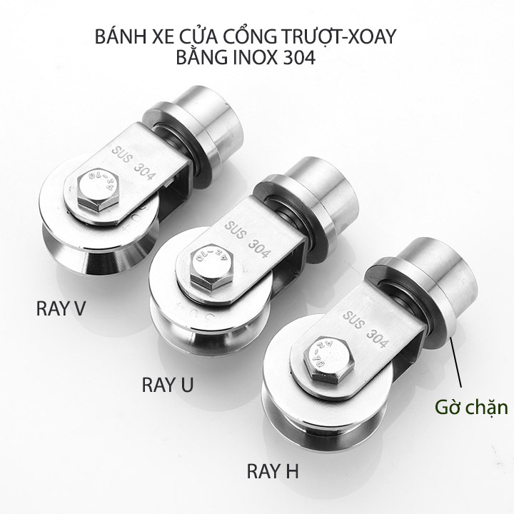 Bộ bánh xe cho cửa cổng trượt-lùa kiêm xoay 360 độ, làm bằng inox 304, Kích thước 16x48mm