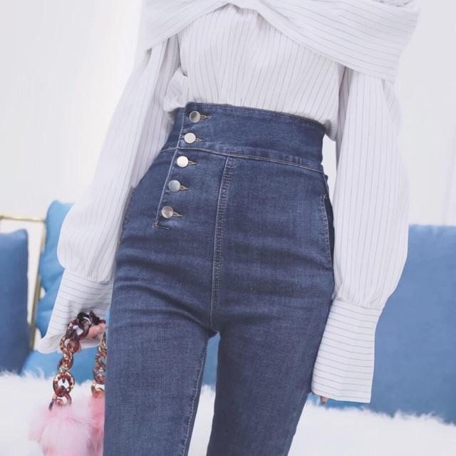 QUẦN JEANS LƯNG CAO TRƠN NÚT HÔNG- jeans siêu mềm giãn