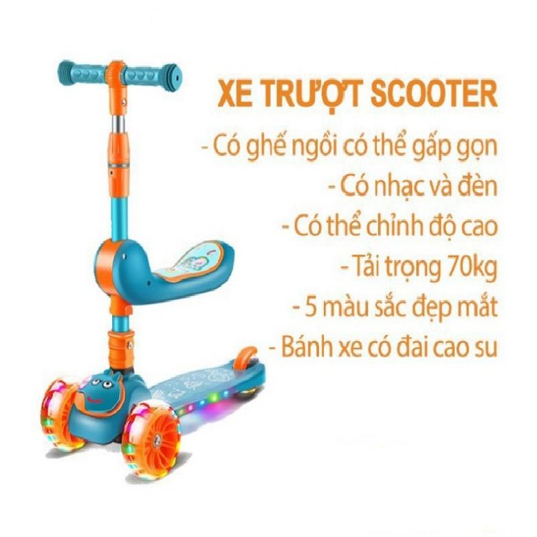 Xe trượt scooter gấp gọn đa năng có nhạc, có ghế nhún, có đèn phát sáng cho bé từ 2 đến 8 tuổi