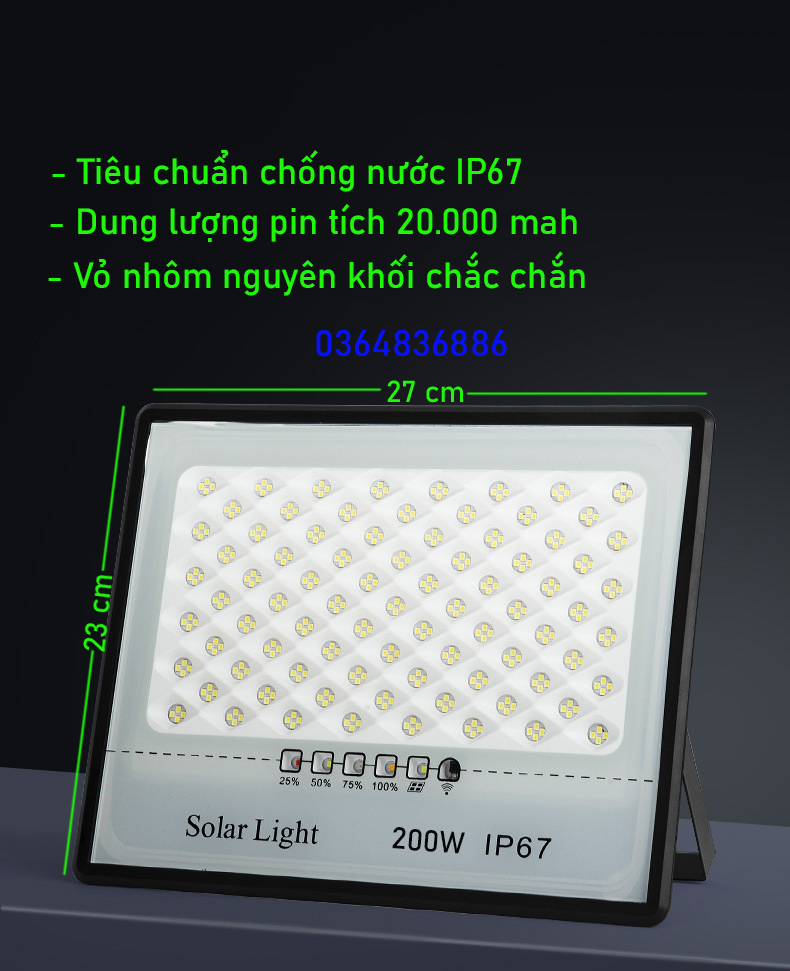 Đèn năng lượng mặt trời 200W, Chống chói mắt, Đèn Led NLMT, Vỏ nhôm, Tấm pin rời, Ánh sáng trắng, Báo pin ngoài, Kiểu Led mới