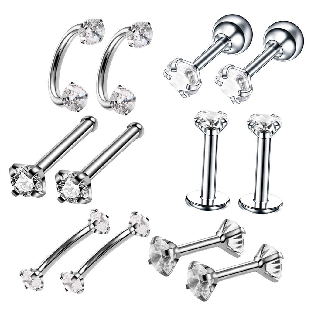 12pcs Stainless Steel Colored Zircon Lip Nose Nail Piercing Jewelry