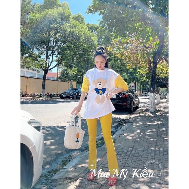 Set quần ống rộng áo thun cotton tay phối gấu thêu xinh xắn