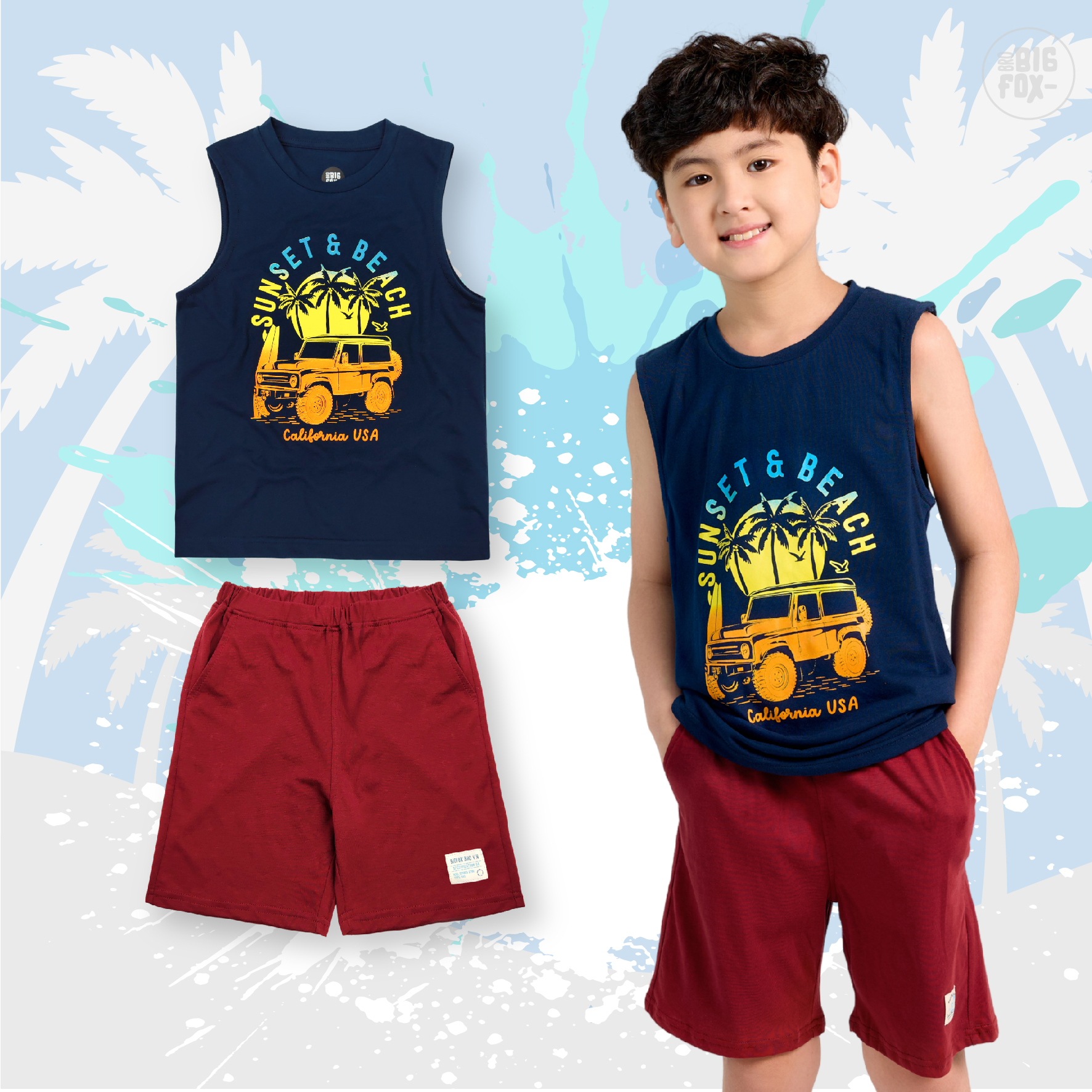 Bộ Ba Lỗ Bé Trai Bigfox, Bộ Quần Áo Trẻ Em Mùa Hè Chất Cotton Mát In Hình Ô Tô Sunset