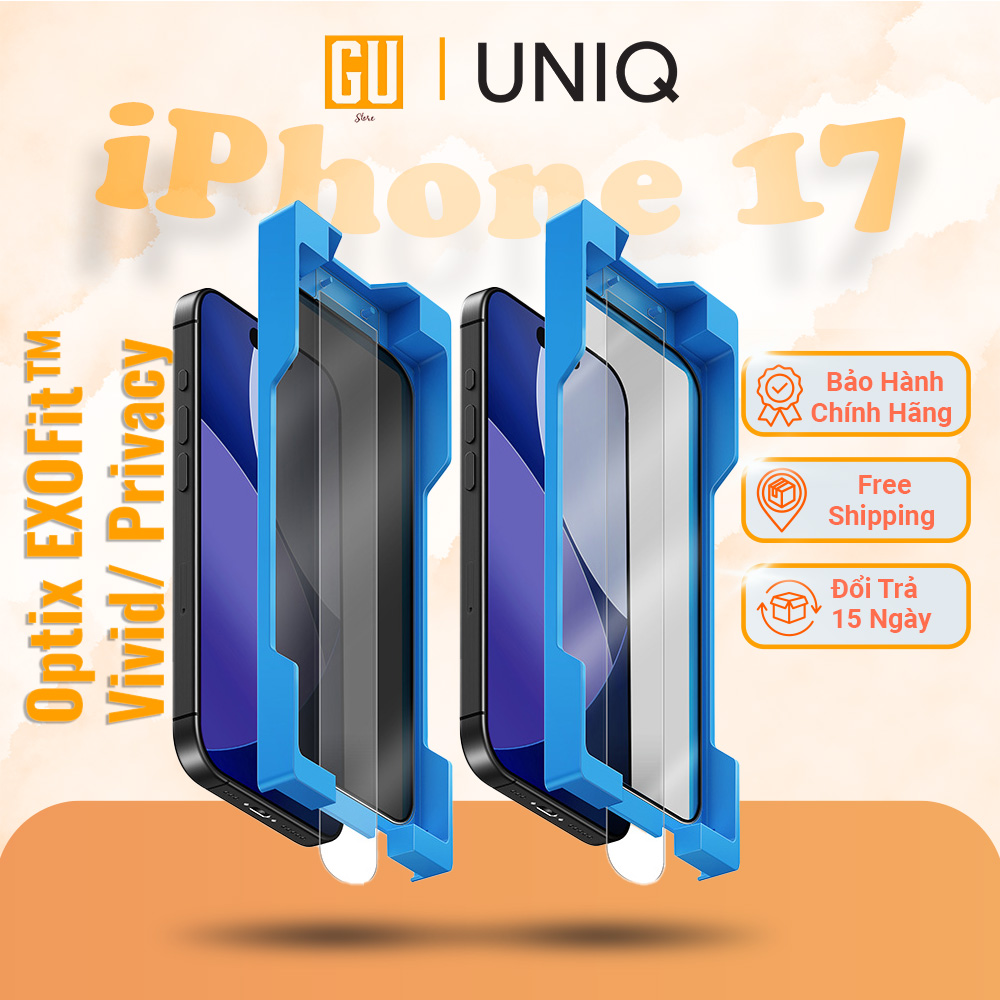 Bộ Dán Kính Cường Lực UNIQ EXOFit™ VIVID/ PRIVACY Cho iPhone 17 Pro Max Trong Suốt &amp; Chống Nhìn Trộm Kèm Khung Dán Hàng Chính Hãng