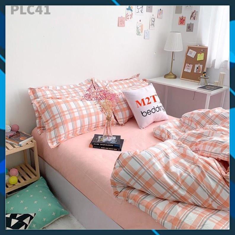 Bộ chăn ga gối Cotton Poly bedding kẻ hồng ga hồng, vỏ chăn mền, drap giường và 2 vỏ gối