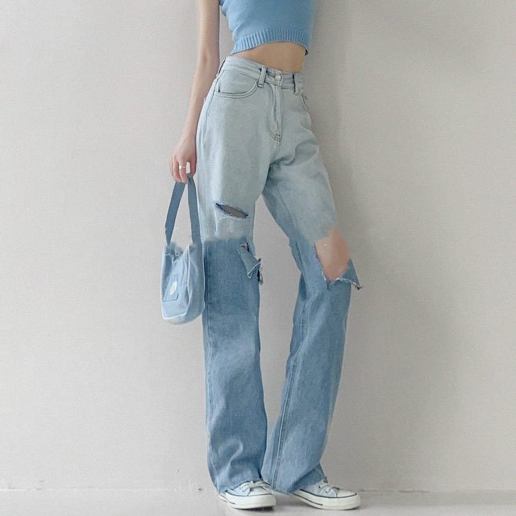 Quần Jean nữ ống rộng Ulzzang lưng cao phong cách Retro Jean loang màu, rách gối