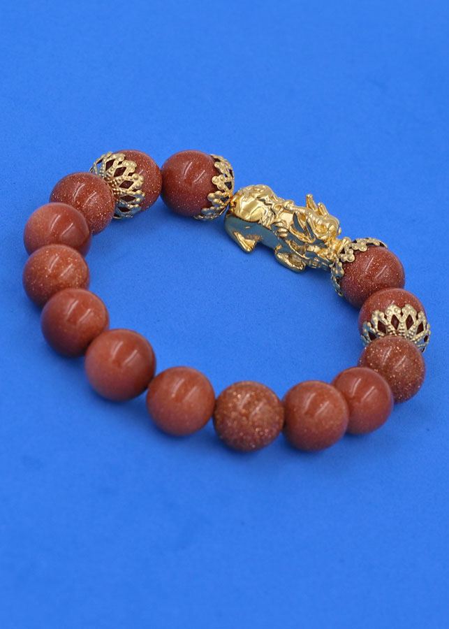 Chuỗi đeo tay Đá Kim Sa 12 ly - cẩn Tỳ Hưu Phong Thủy inox vàng Chiêu Tài Lộc VKSTHBKV12 - Vòng tay, lắc tay phong thủy