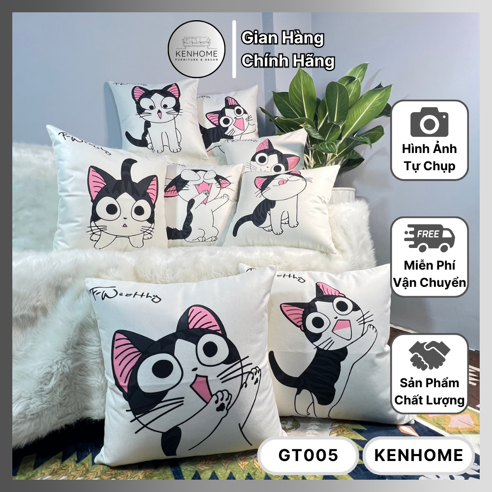 Gối Sofa Họa Tiết Hình Mèo Cute - Gối Tựa Lưng Sofa Trang Trí Nhà Cửa Đơn Giản Và Dễ Thương - Vải Bố Cao Cấp - Kích Thước 45x45cm