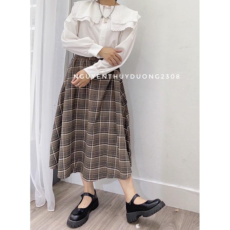 Chân váy kẻ caro dáng dài vintage/Chân váy dài xoè Ulzzang style