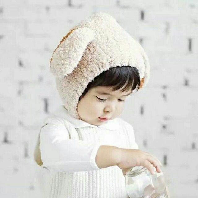 Mũ len lông cừu cài cúc, mũ len hình tai cừu cho bé